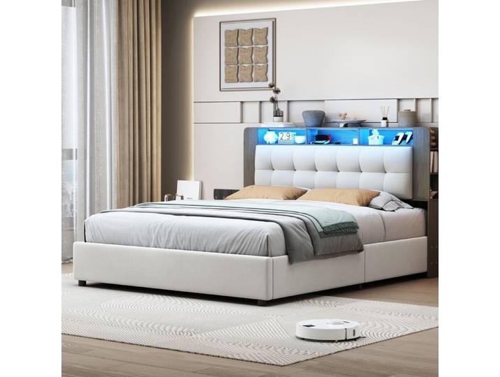 Lit 140x200 cm avec sommier à lattes et éclairage LED avec coffre lit adulte 140x200 cm velours beige.