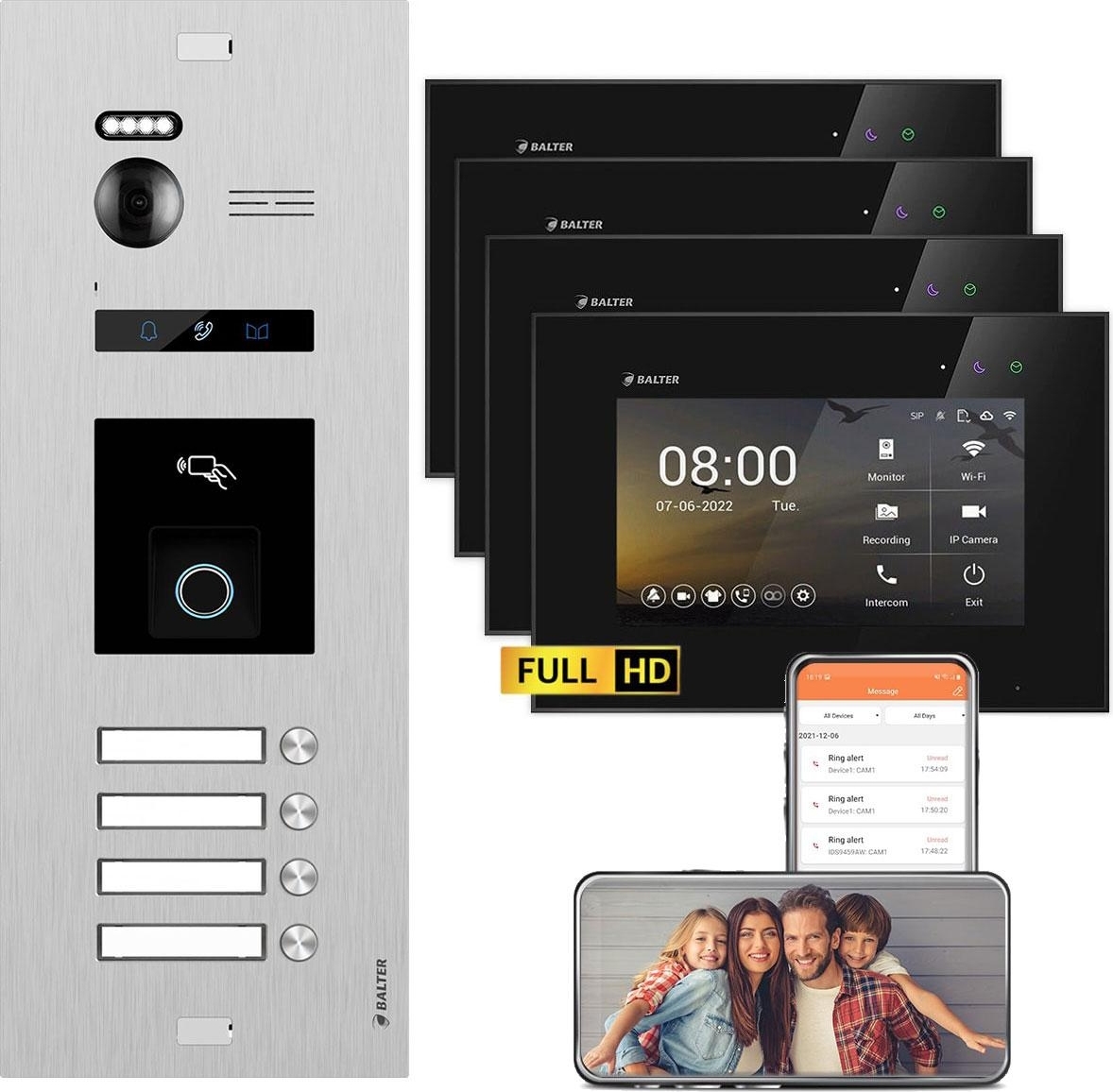 BALTER EVO HD Silber RFID/Fingerprint 4x7" WiFi Schwarz Video Türsprechanlage Set 4 Familienhaus