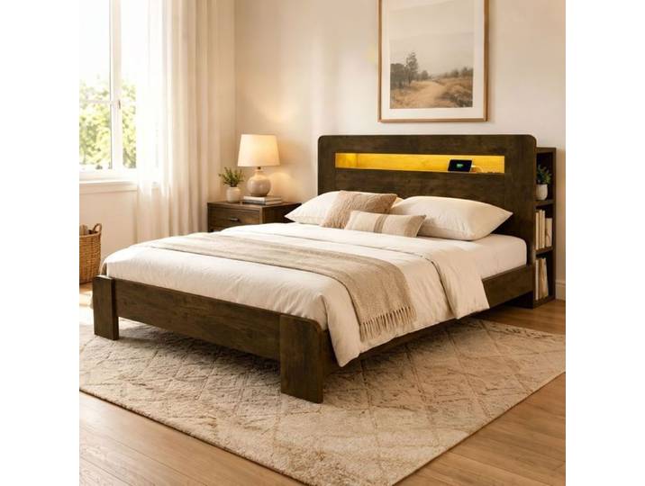 Lit Rembourré - WESTYLE - 140x200 cm - LED intégré - Rangement tête de lit - Prises intégrées