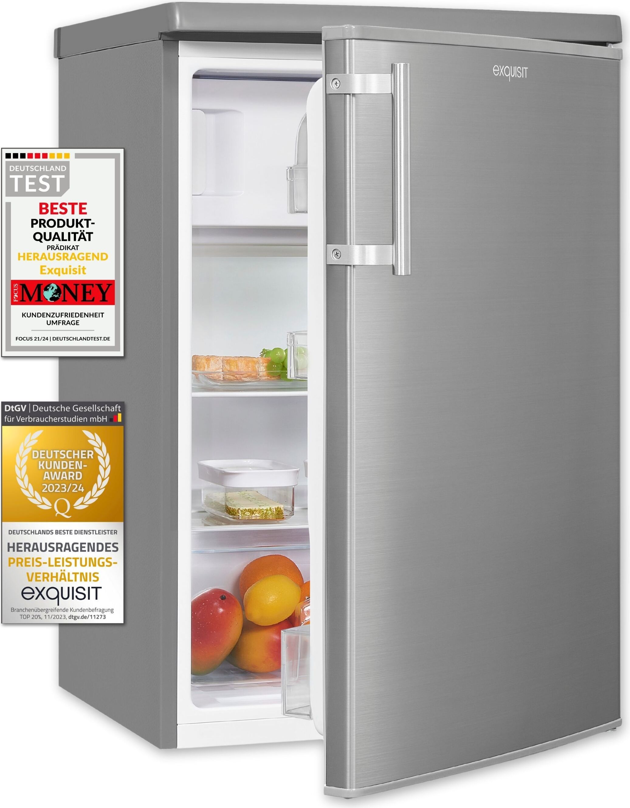 Exquisit Kühlschrank KS16-4-HE-040D inoxlook | Standgerät | 109 l Volumen | Inoxlook
