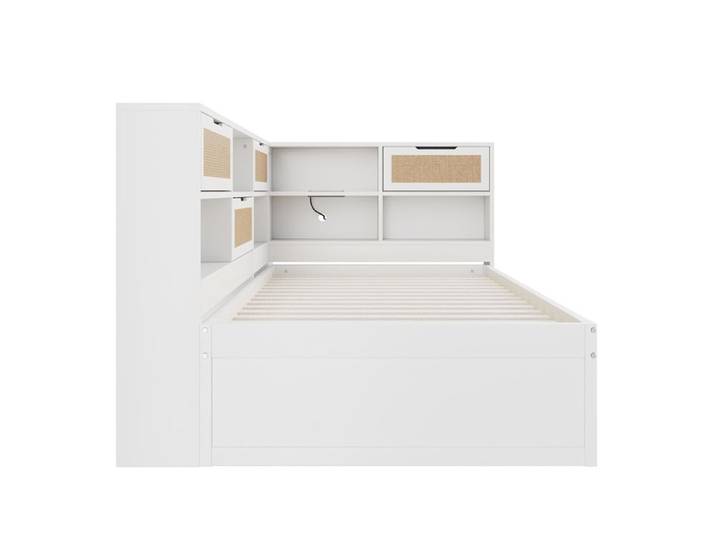 Lit combiné enfant blanc 90 x 200 cm avec lit gigogne 90 x 190 cm rangements et ports USB