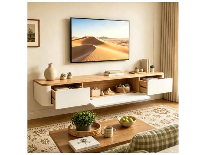 KSYGINXD Schwebende TV Schrank 180cm Beige, Modern TV Lowboard Hängend, TV Board Hängend mit 2 Schubladen 1 Klappen Türen & Kabelmanagement, für Wohnzimmer und Esszimmer