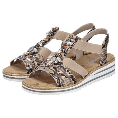 Sandale RIEKER, Damen, Gr. 42, Synthetik, beige (natur), Lederimitat, Reptilienprägung, Schuhe Sandale, Sommerschuh, Sandalette, Keilabsatz, mit sommerlicher Verzierung