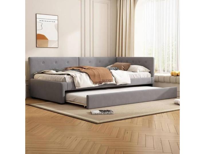 Daybed - KOMHTOM - Daybed 90x200cm - Lit gigogne - Tissu doux gris - Sommier à lattes 90x200