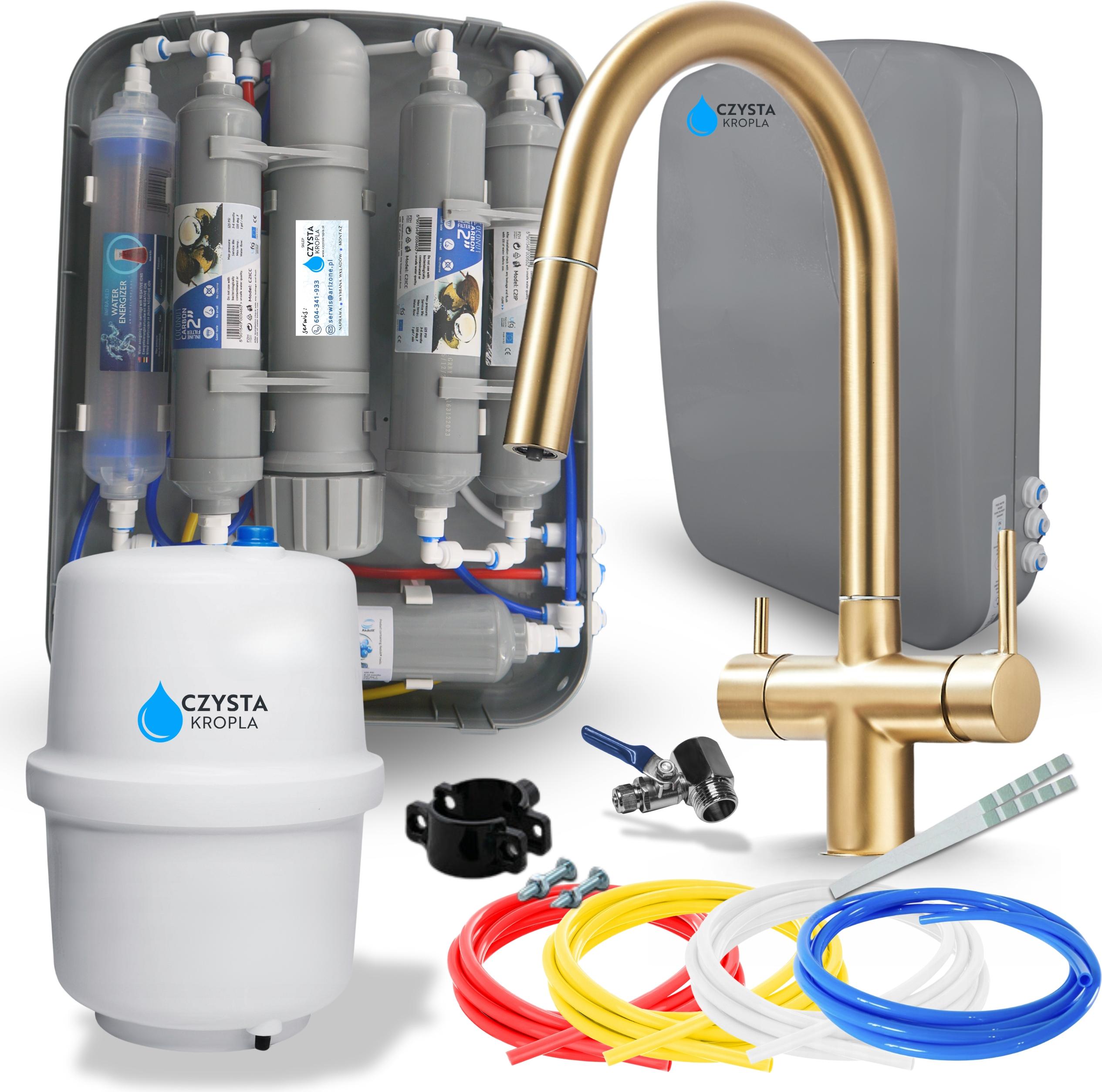 Wasserfilter Set RO7 Slim mit 3-Wege Küchenarmatur Slender, 7-stufige Osmoseanlage, Brushed Gold