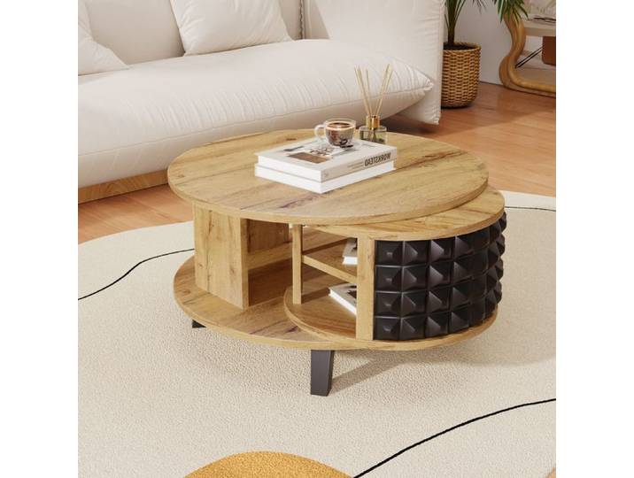 MODENUIT Table basse 85.2x80x45.2 cm avec table double rangement rotatif 360 degrés Couleur naturelle