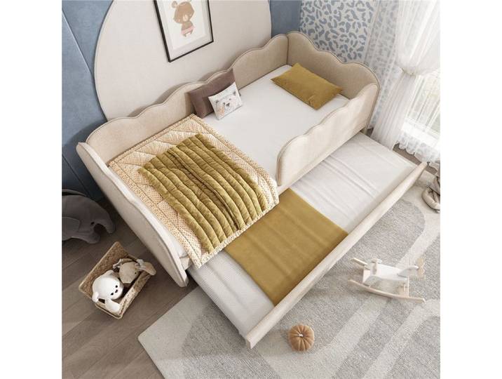 Lit gigogne enfant 90 x 190 avec 2 sommier lin beige lit simple avec tapissée convertible guardrai pour adolescent et roulettes