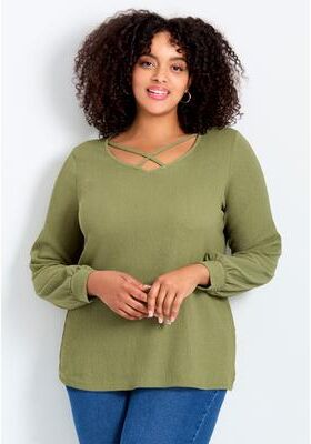 Plus Size Women's Knit Crepe Criss-Cross Top by Avenue in Olive Green (Size 16)