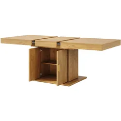 MODFU Ausziehtisch aus MDF in Eiche hell/Nussbaum 140-180x90x75,2 cm, gewerblich geeignet, mit Stauraum