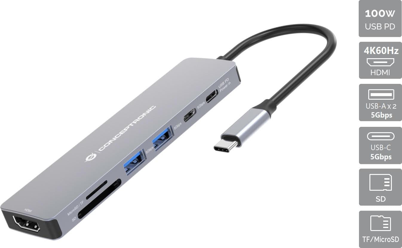 Conceptronic DONN28G 7-in-1 USB-C Dockingstation met HDMI, USB-C en 2x USB-A, Grijs