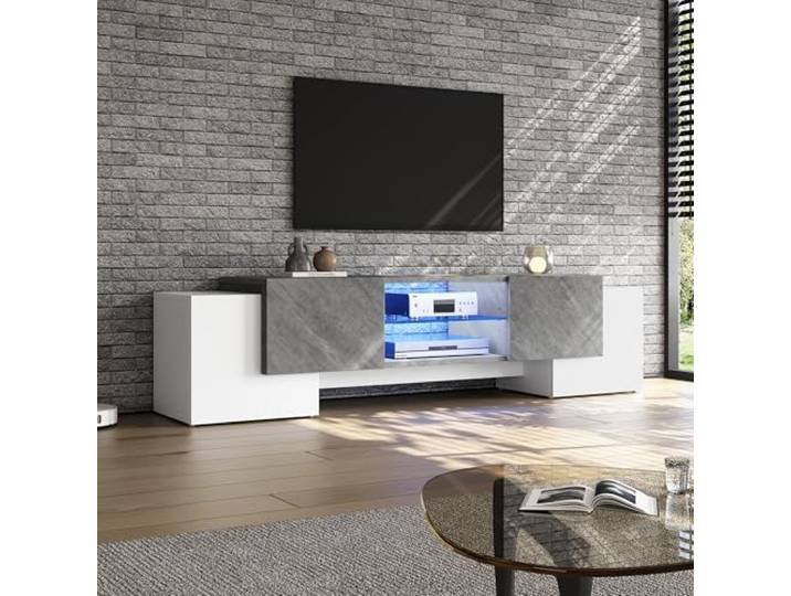 Merax TV Schrank, TV Lowboard mit LED-Beleuchtung, Moderner Fernsehschrank für 60/65/70 Zoll Fernseher, TV Ständer mit 4 Türen, Glasböden, TV Bank für Wohnzimmer Schlafzimmer, TV Möbel, Weiß & Grau