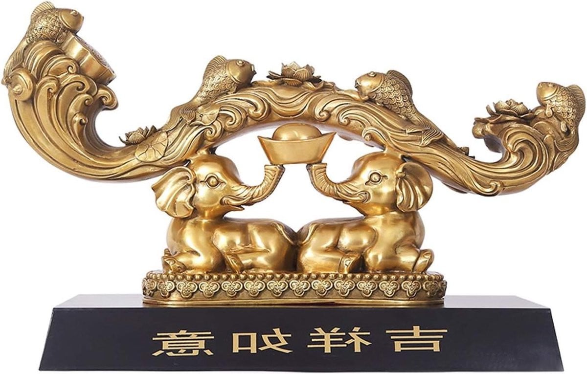 Handgesneden Messing Olifant Standbeeld Feng Shui Beeldje voor Huisdecoratie - Goud