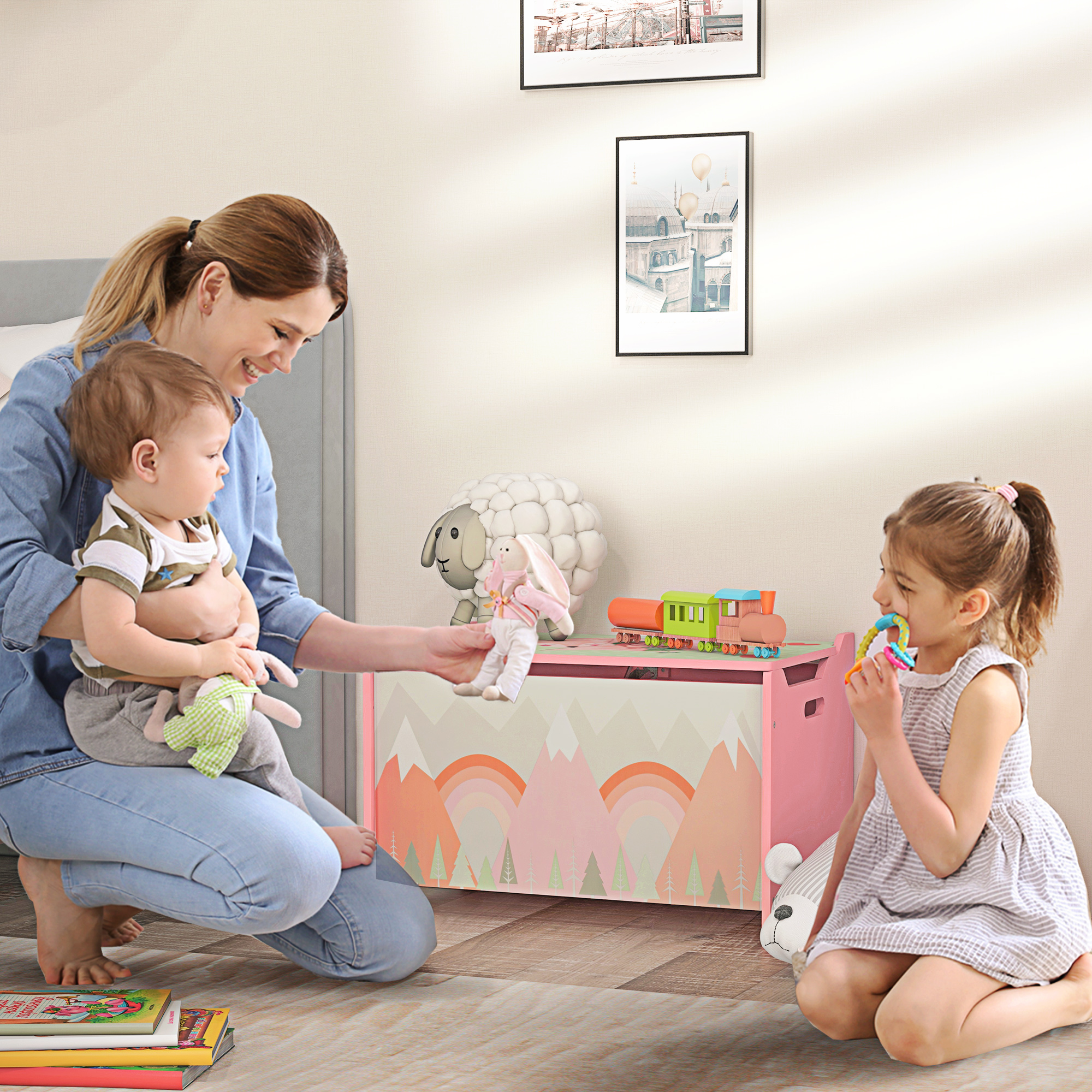 Zonekiz Baule Portagiochi per Bambini con Coperchio e Cerniera di Sicurezza in MDF, 60x37x39cm, Rosa