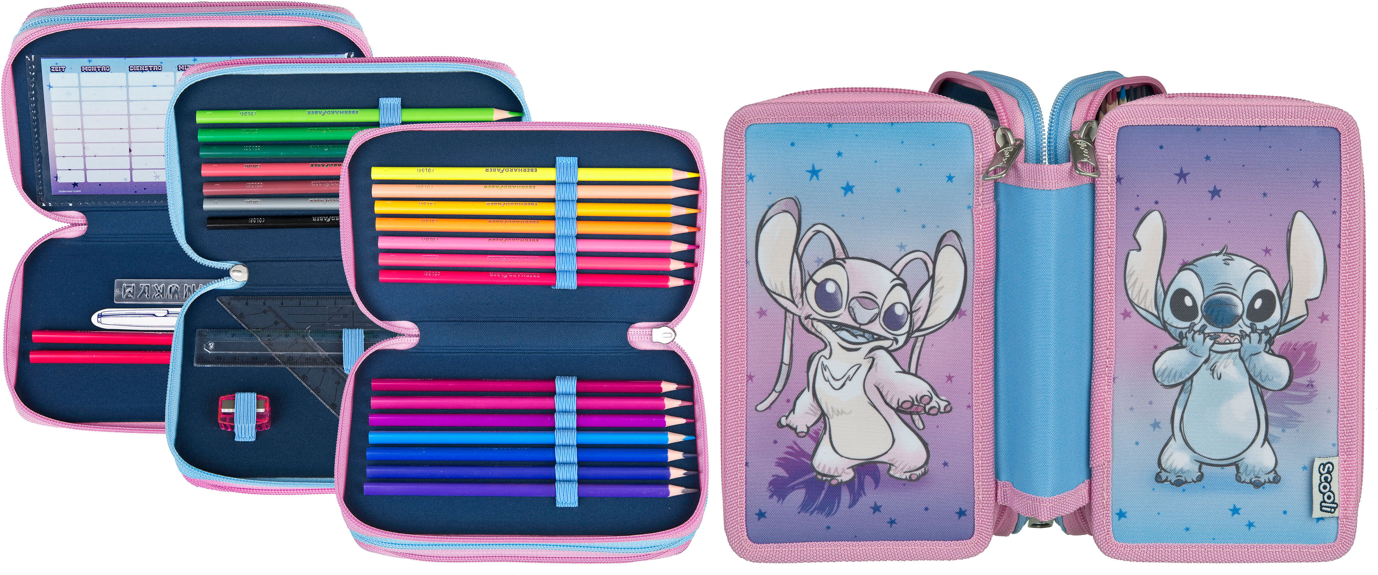 Federmäppchen SCOOLI "Tripledecker", Kinder, bunt (lilo, stitch), Polyester, Schreibgeräteetuis Federmäppchen lilo, stitch Einheitsgröße
