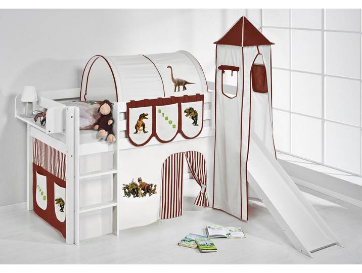 Lilokids Hochbett Spielbett JELLE Dinos - Hochbett - mit Turm, Rutsche und Vorhang Inkl. Rutsche, Vorhang und Turm