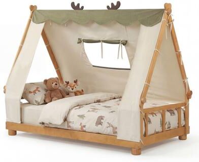 Costway Twin Size House Floor Wood Bed with Tent-Natural