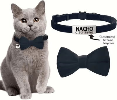 Inspire Curations PurrCharm Personalized Cat Bow Tie Collar With Engraved Name Tag black neck 19 32cm