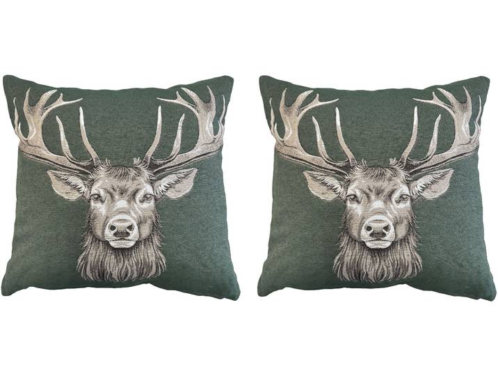 Dekokissen HOME WOHNIDEEN CIERVO , grün, B:45cm L:45cm, Baumwolle, Polyester, Dekokissen_Sitzkissen_Kissenhüllen, Dekokissen, ohne Füllung, Gobelin, SET