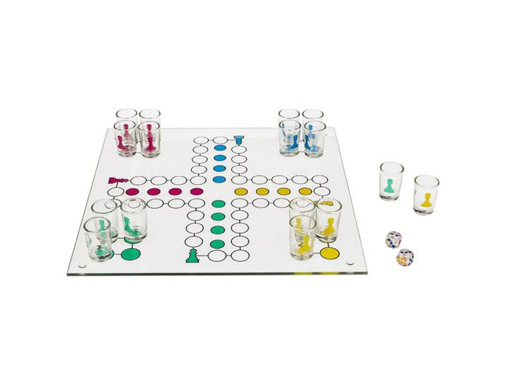Trinkspiel Ludo mit 16 Shot-Gläsern & 2 Würfeln
