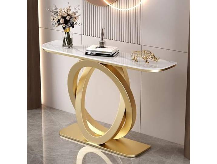 HARELA Moderner Konsolentisch mit Metallfuß, Eingangsbereich Deko Tisch, Oberfläche aus Marmoriertes Muster, Infacher Sofa Tisch, für Eingang, Flur, Vorzimmer, Wohnzimmer(Gold A,100cm/39.4in)