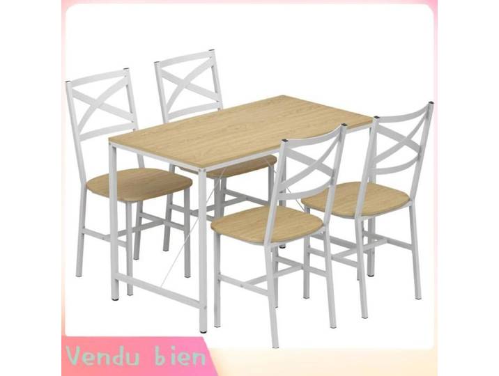 LIA Ensemble Table Salle à Manger avec 4 Chaises Table de Cuisine avec Chaises pour 4 Personnes Bois Naturel et Blanc