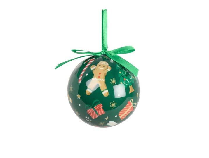 Weihnachtskugel mit Lebkuchenmann, beige, rot und grün