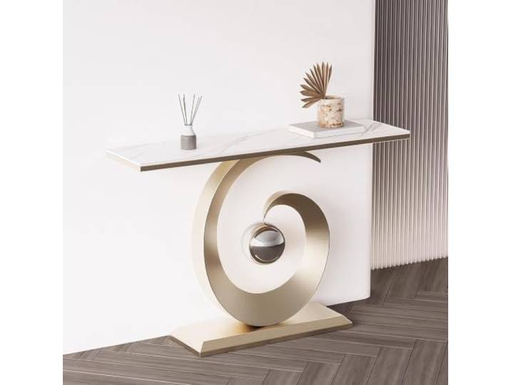 Moderner Konsolentisch Mit Sinterstein-Platte,Flurtisch Für Eingangsbereich Robuste Sinterstein-Tischplatte, stabiler Metallrahmen, moderner Flurtisch, platzsparend(Gold+White,31.5 (80cm))