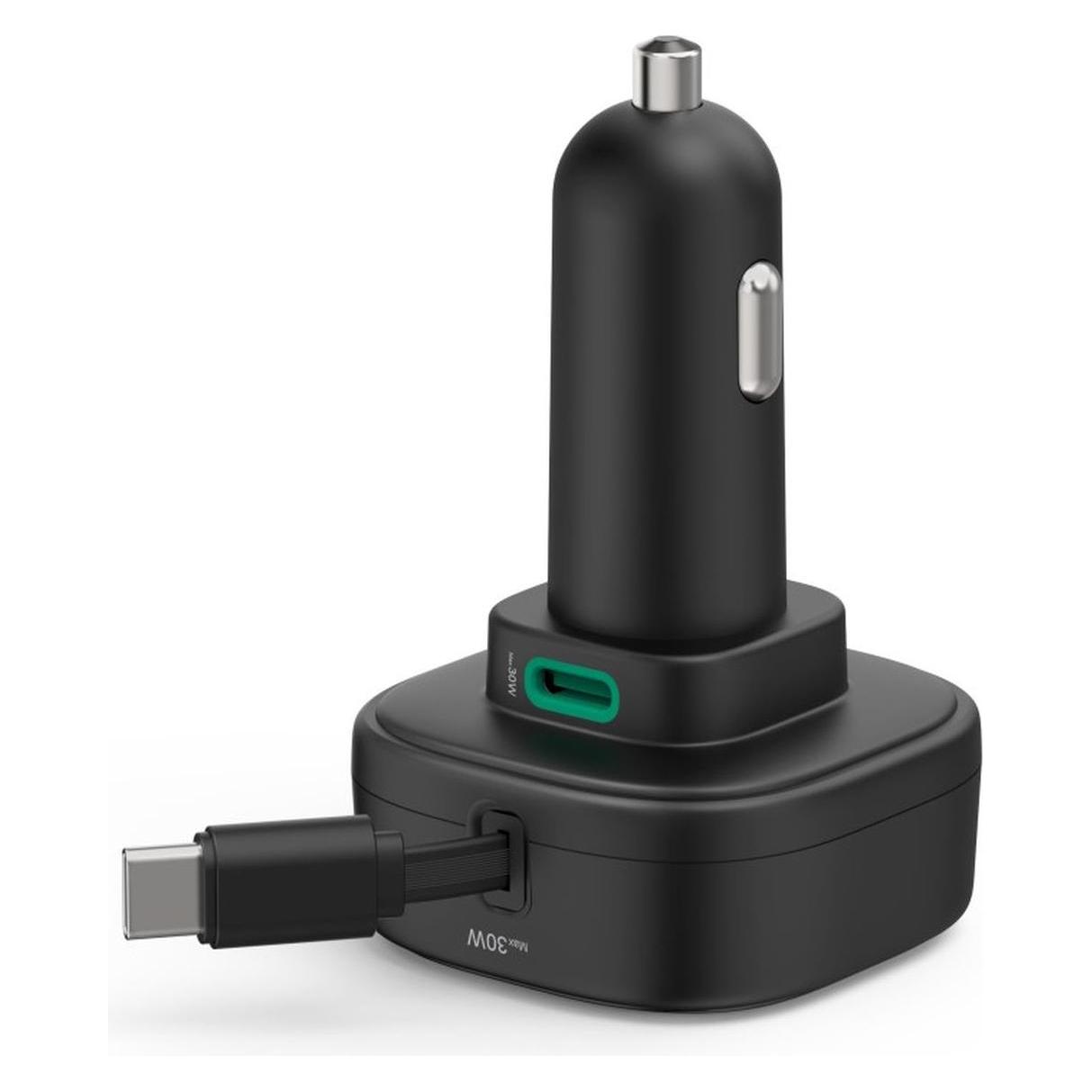 Hama Auto-Schnellladegerät, 2x USB-C, ausziehbares Ladekabel, PD, 30 W, Schwarz (00201958)