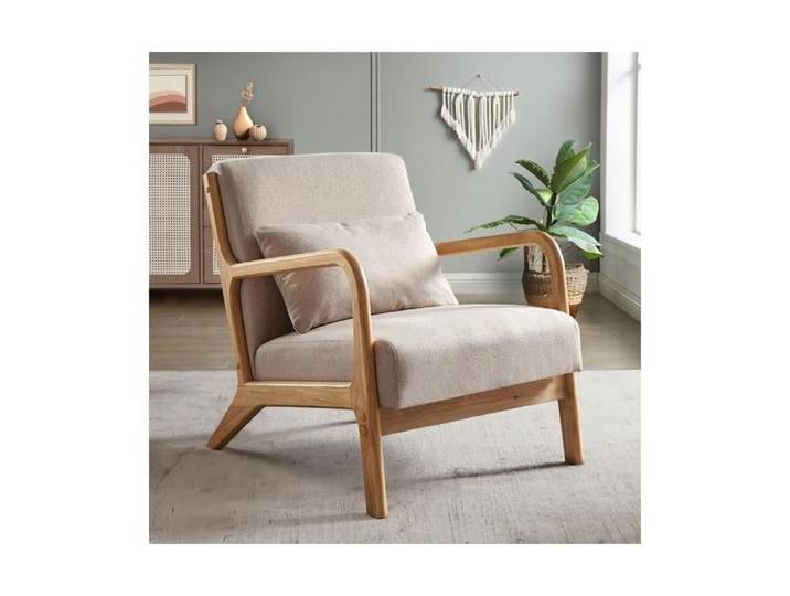 Fauteuil scandinave vintage en lin beige - SICAAN - Collection Marie - Bois massif - Accoudoirs en bois courbé