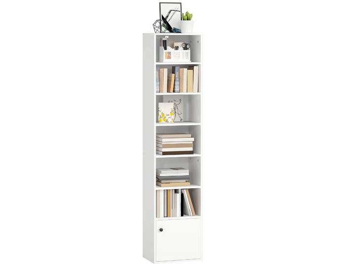 Bibliothèque moderne à 7 niveaux avec étagères ouvertes et porte 40X30X180 cm Blanc