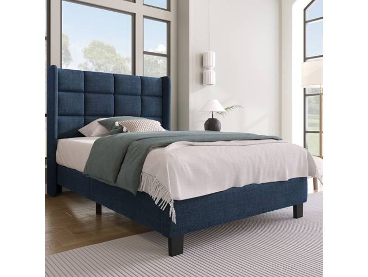 Lit simple rembourré 90x200 cm bleu en lin