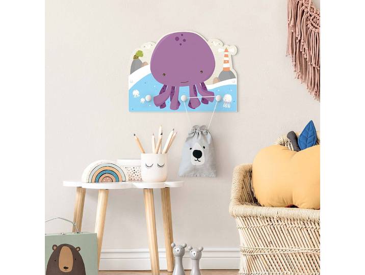 Patère enfants Bébé poulpe 40 x 30 x 1cm Bleu/Mauve