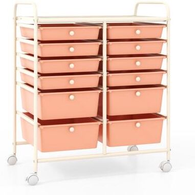 Costway 12-Drawer Rolling Storage Cart with Removable Drawers and Lockable Wheels-Peach