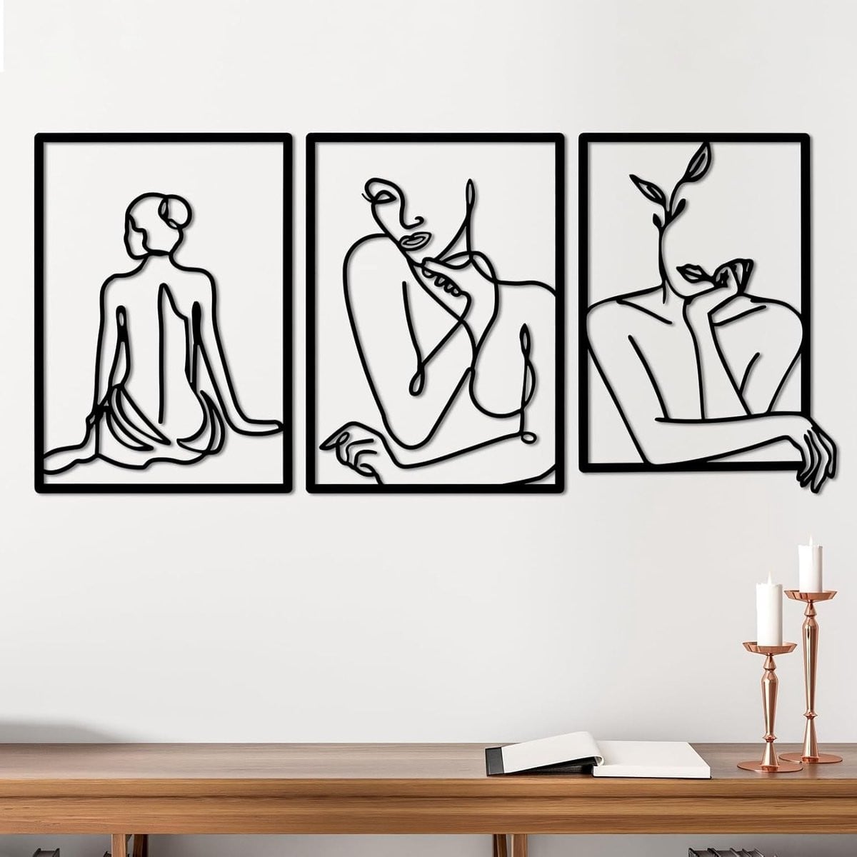 3-delige Moderne Abstracte Wanddecoratie van Metaal in Zwart met Minimalistisch Vrouwelijk Silhouet