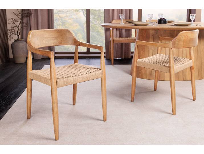 Design Armlehnen-Stuhl KENNEDY natur aus recyceltem Pinienholz mit Korbgeflecht Esszimmerstuhl Küchenstuhl