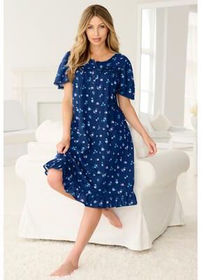 Plus Size Women's Short Floral Print Cotton Gown by Dreams & Co. in Evening Blue Flowers (Size S) Pajamas