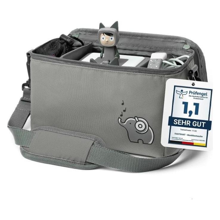 Fantifant Musikbox Tasche für Toniebox (+ Netzbeutel für Tonie Aufbewahrung ) FLEXIBLE TRANSPORTTASCHE FÜR TON (MBB ELEFANTENGRAU)