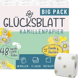 Glücksblatt Toilettenpapier KAMILLE, 3-lagig, 48 Rollen x 150 Blatt, Duft nach Kamille, 100% Zellstoff, mit bunten Kamillenblüten, Kamillenpapier