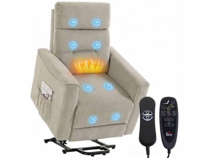 HOMCOM Relaxsessel Elektrisch Fernsehsessel mit Aufstehhilfe, Greige Gepolstert TV-Sessel mit Liegefunktion, Massage & Wärme, USB, Fernbedienung, Seitentasche, Chenille-Optik