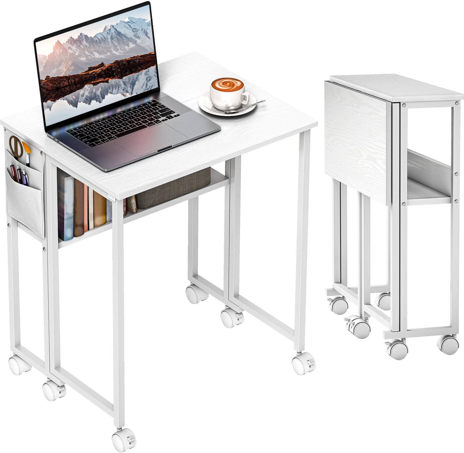 Opklapbaar bureau met open schap en zwenkwielen, wit