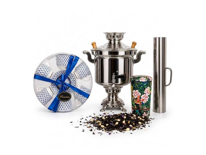 BIG-PAN Teeservice Traditionelles Samowar Komplettset 5L Edelstahl Rauchrohr Tassen (12-tlg), 6 Personen, Edelstahl, Porzellan, Holzkohle Teemaschine Schornstein Geschirr-Set Premium Ceylon Tee