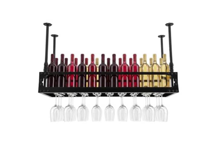 Deckenregal Weinregal, Hängend Metall Industrielle Weinflaschenhalter 100 × 35 × 35-55 cm Höhenverstellbar Decke Dekoration Hängende Tassenregal mit Glashalter für Bars Restaurants Küche, Schwarz
