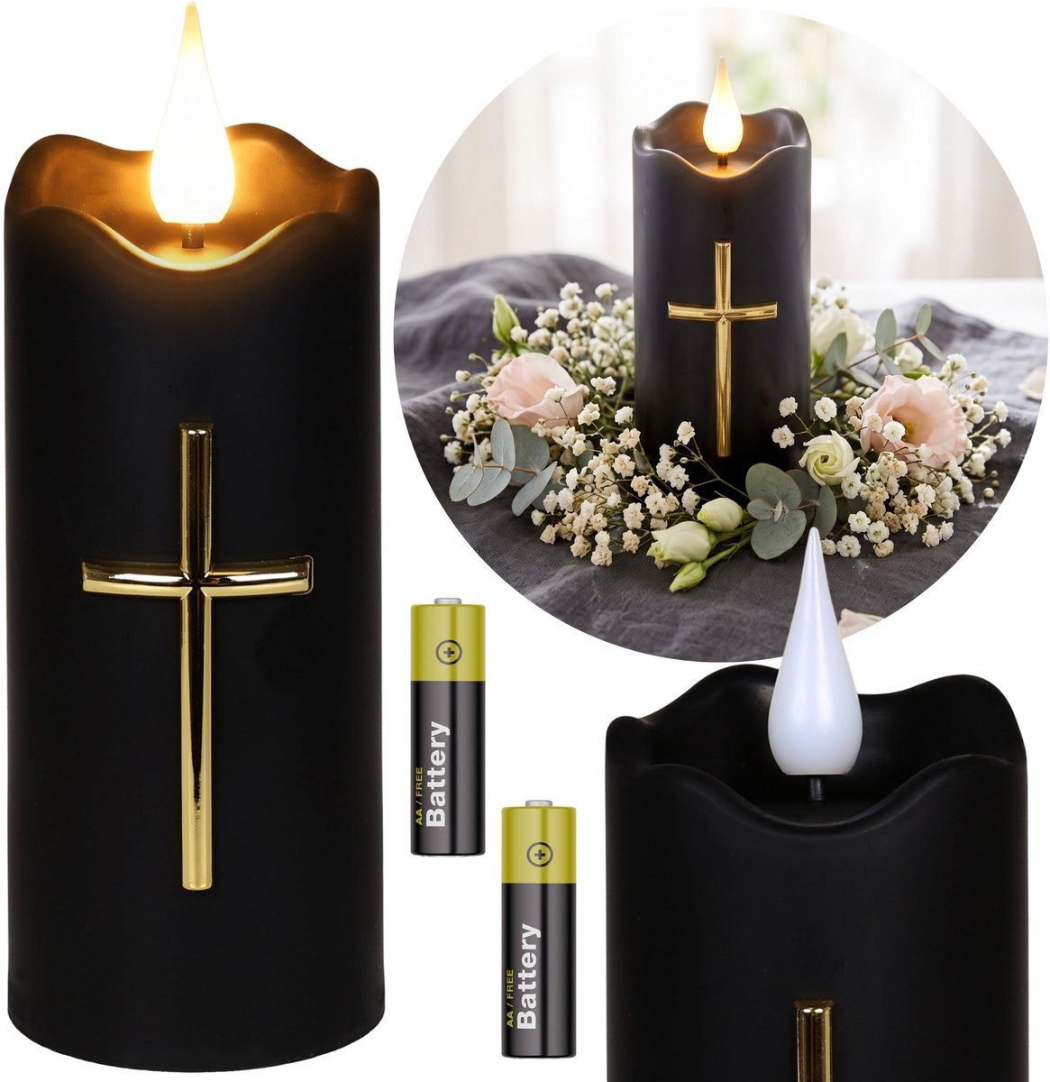 Zwarte LED-kaars met kruis en vlameffect voor graflichten, op batterijen, 13 cm
