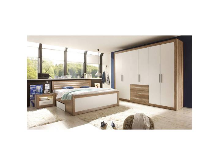 Mid.you Schlafzimmer, Weiss, Eichefarben, Holzwerkstoff, 4 Fächer, für Rollrost geeignet, Schlafzimmer, Komplette Schlafzimmer und Serien, Komplette Schlafzimmer