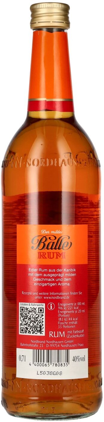 Der milde Balle Rum echter Übersee Rum 40% Vol. 0,7l