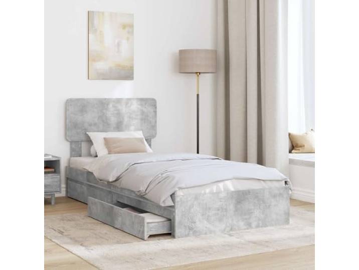 SKTQYQO Boxspringbett 90 x 190 cm mit Kopfteil grau Technisches Holz, ausziehbare Schubladen, minimalistisches Design, für modernes Schlafzimmer