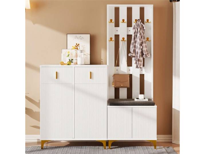 Vestiaire D'entrée Blanc avec Banc Tapissier Meuble Chaussure Porte-Manteau Crochet Meuble Chaussure Entree avec Tiroirs Moderne