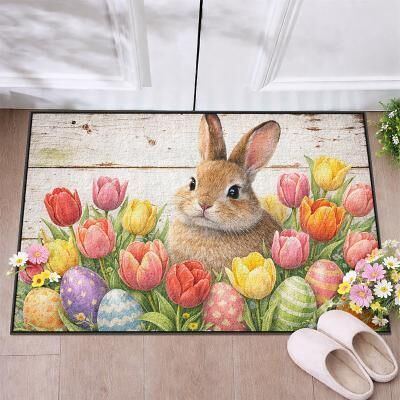 LightInthebox Easter Doormat Bunny Couple with Pink Bows Surrounded by Vibrant Tulips and Decorative Eggs Perfect Festive Spring Welcome Decor Mat