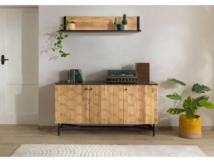Buffet en bois d'Acacia 150x40x76 naturel laqué / marbre noir LONDON #100