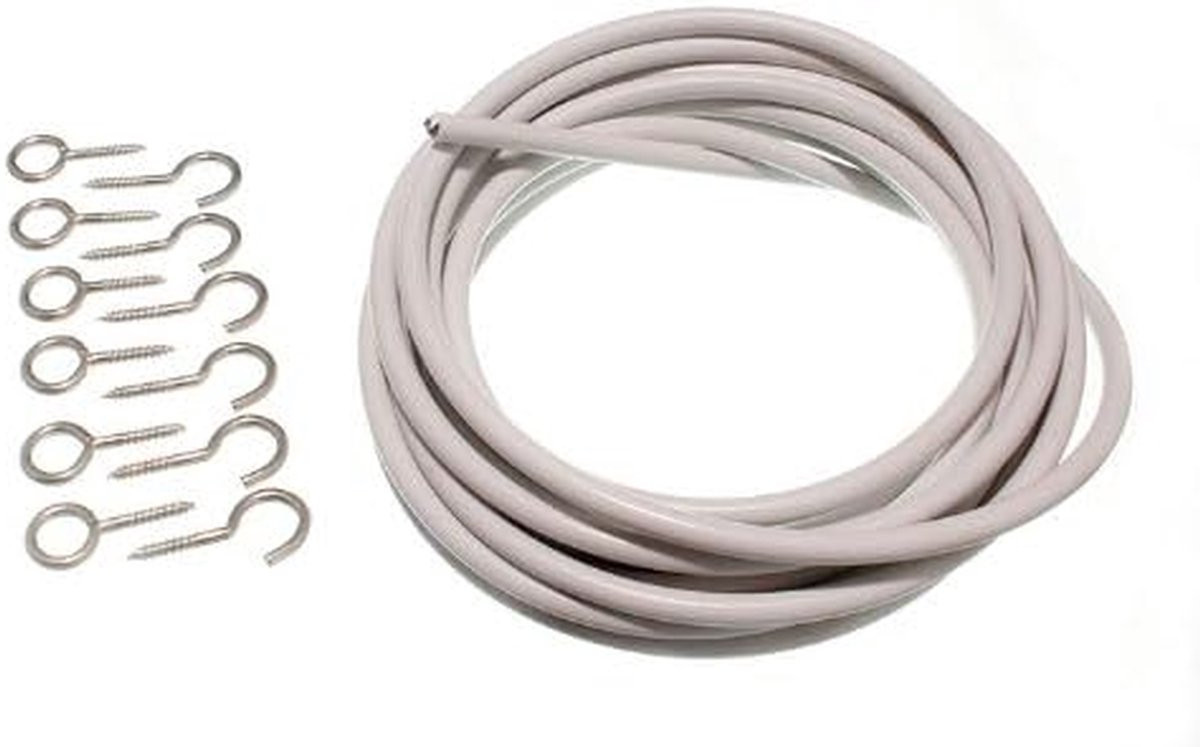 Expanderend gordijndraad met haken en ogen, wit, 3 meter